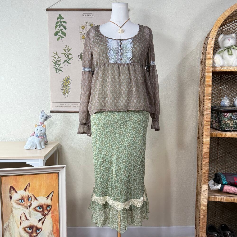 Y2k Sheer Lace Babydoll Top Boho Hippie Forest Fairy Grunge Mori Kei Cottage S